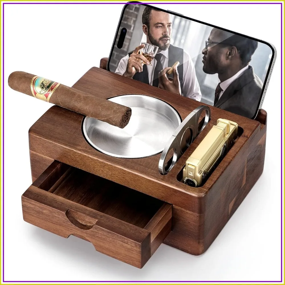 Wooden Cigar Ashtray with Cutter, Phone Tablet Holder, Cigar Holder, Drawer and Lighter Slot, Home Bar Outdoor Ashtray, Great Cigar Accessories Gift for Men
Wooden Cigar Ashtray with Cutter, Phone Tablet Holder, Cigar Holder, Drawer and Lighter Slot, Home Bar Outdoor Ashtray, Great Cigar Accessories Gift for Men