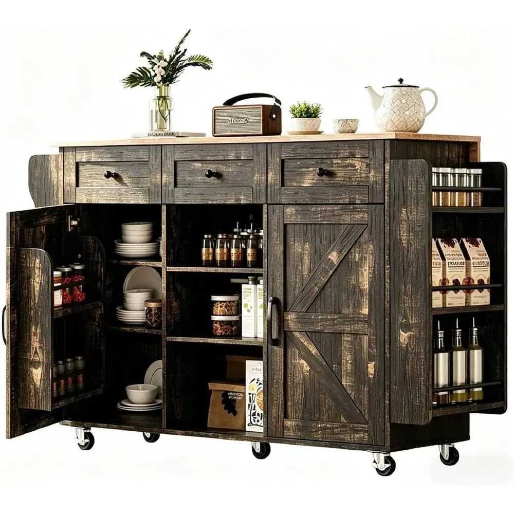 52 Rolling Kitchen Island Cart with 3 Drawers, Shelves, Drop Leaf, and Towel & Spice Racks in Black & Gold
52 Rolling Kitchen Island Cart with 3 Drawers, Shelves, Drop Leaf, and Towel & Spice Racks in Black & Gold
