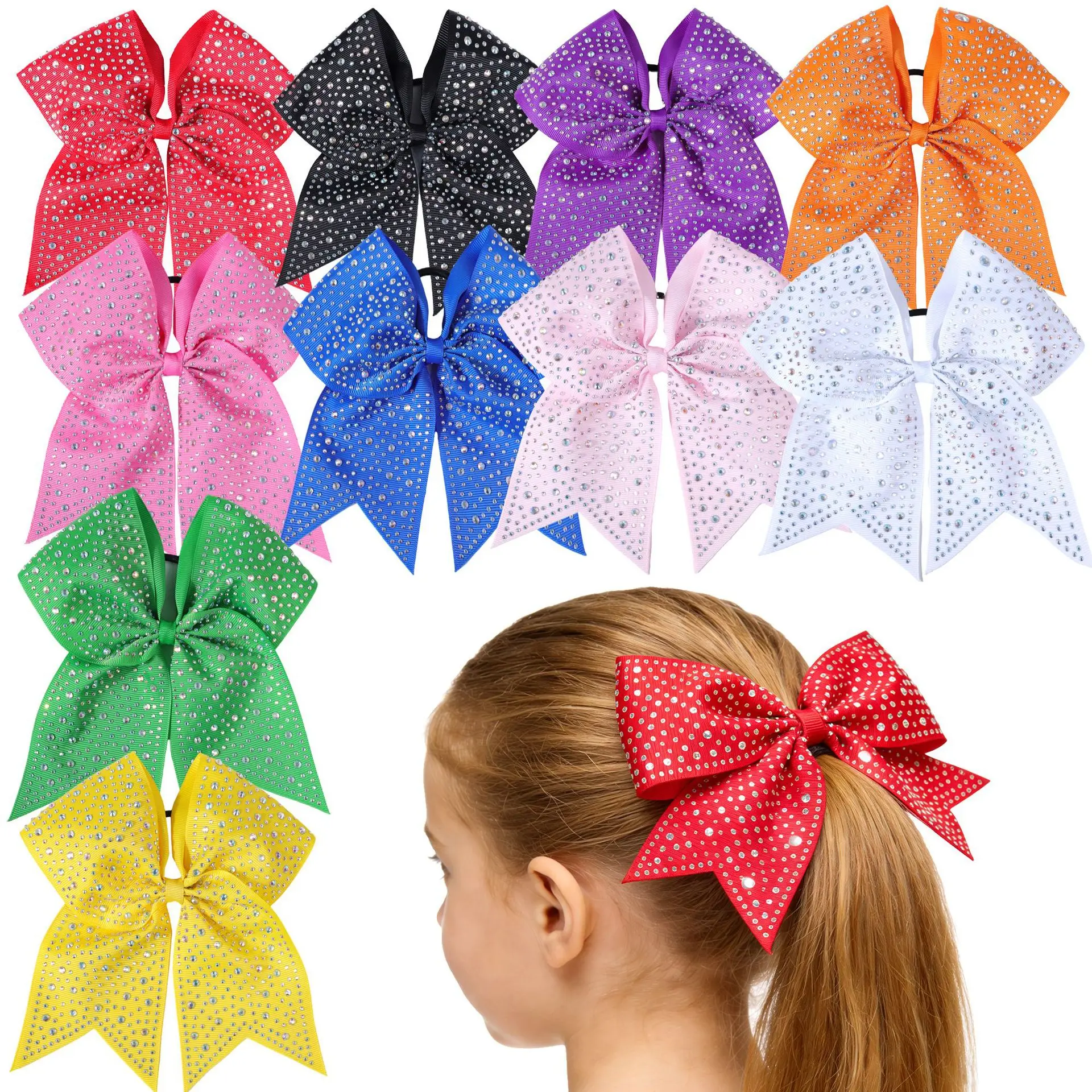 12pcs/Lot 7inch Large Cheer Bow Children's Bow Full Diamond Hair Bow with Elastic Fashionable Hair Tie for Girls Party Hair Tie
12pcs/Lot 7inch Large Cheer Bow Children's Bow Full Diamond Hair Bow with Elastic Fashionable Hair Tie for Girls Party Hair Tie