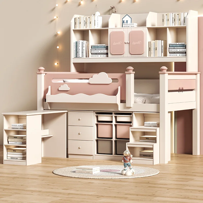 Solid wood half-height bed wardrobe integrated children's bed with desk girl bedroom pink shelf bed
Solid wood half-height bed wardrobe integrated children's bed with desk girl bedroom pink shelf bed