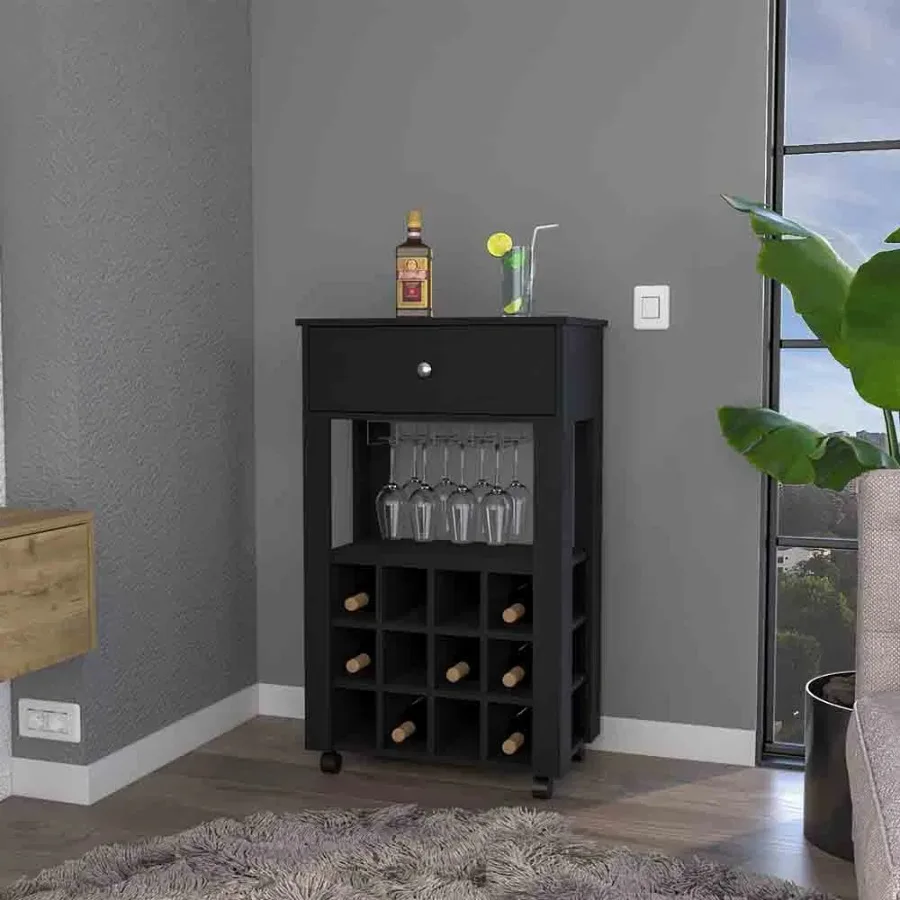 Bayamon Wine Cart Twelve Cubbies Four Legs Black Wengue Finish Portable Wine Storage
Bayamon Wine Cart Twelve Cubbies Four Legs Black Wengue Finish Portable Wine Storage