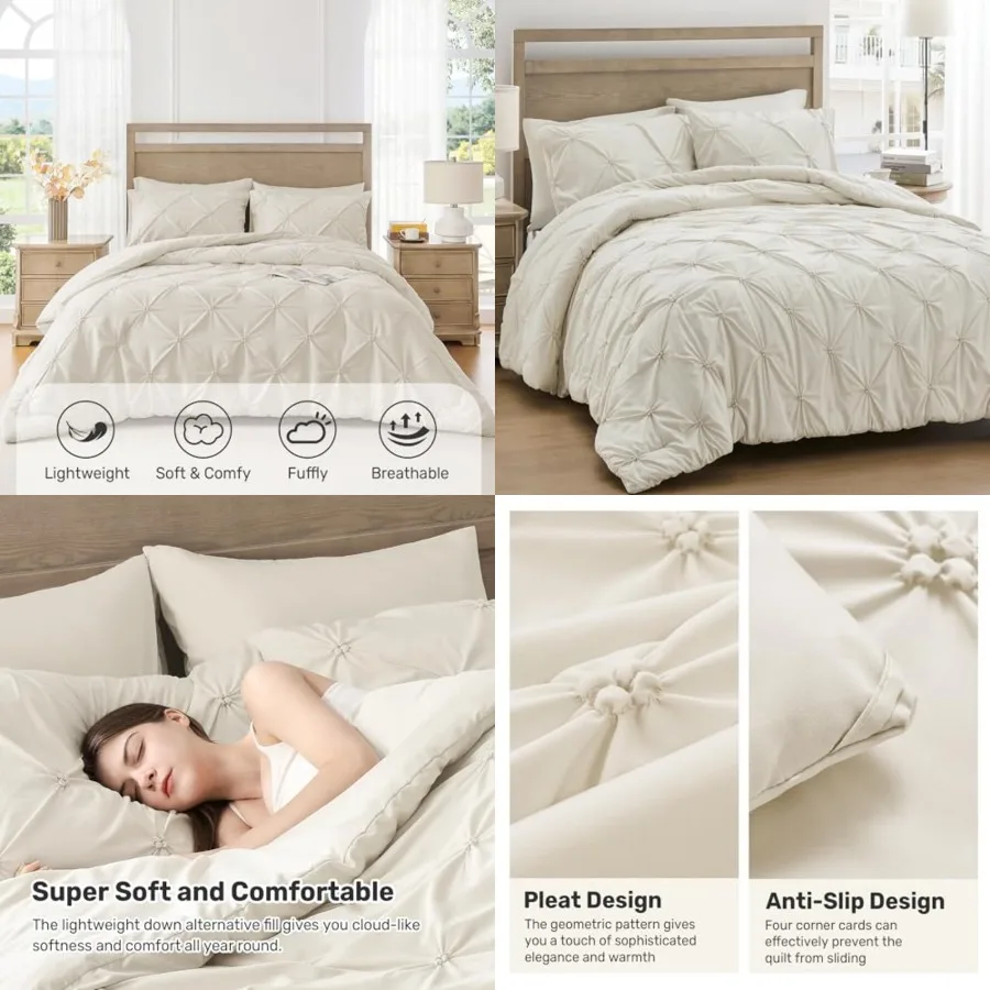 Queen Comforter Set Beige - Ultra Soft Boho Pintuck Cream Down Alternative Bedding Set for All Seasons, 3 Pieces Lightweight Wa
Queen Comforter Set Beige - Ultra Soft Boho Pintuck Cream Down Alternative Bedding Set for All Seasons, 3 Pieces Lightweight Wa