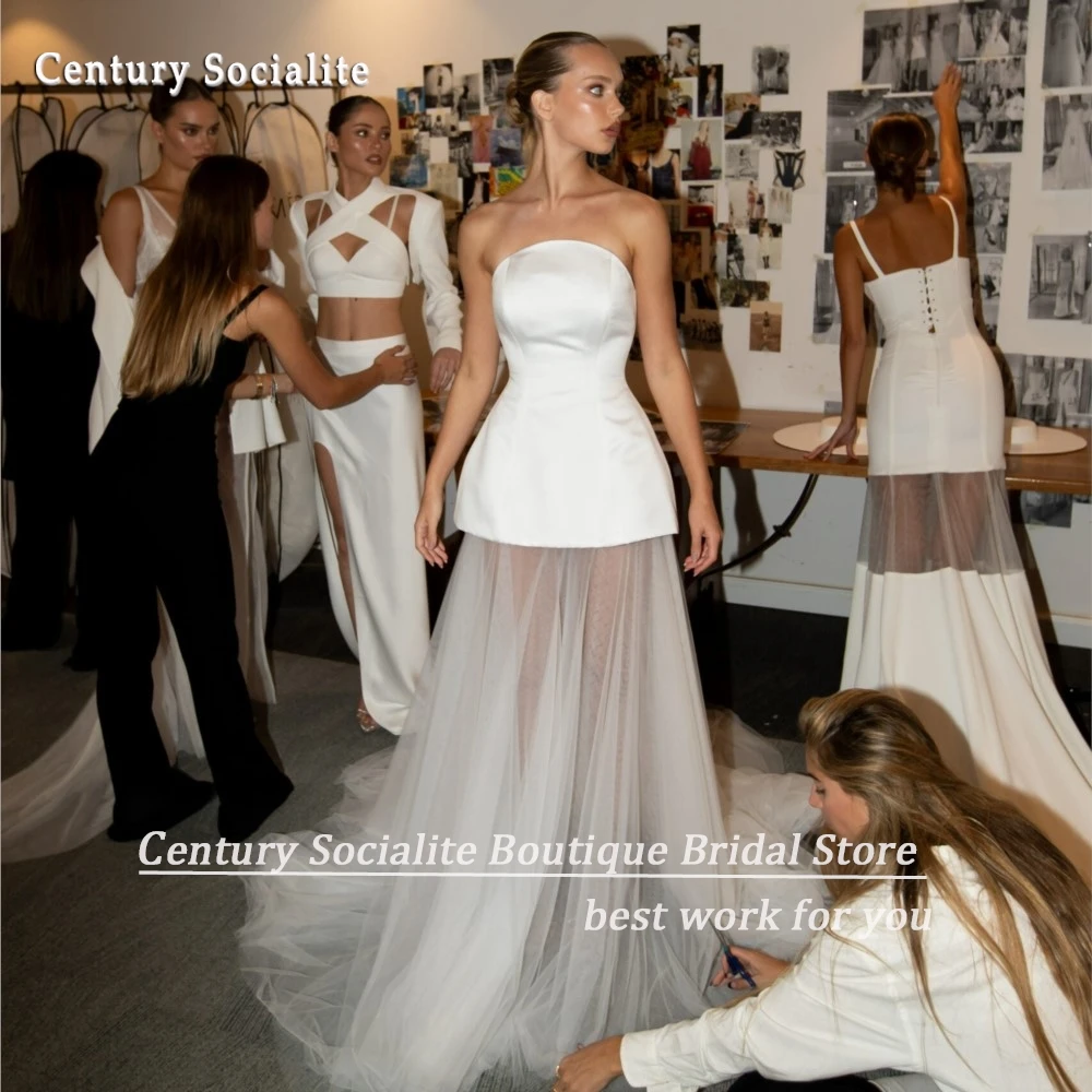 Tulle Satin Bride Wedding Gowns 2025 Strapless Sweep Train Simple Bridal Gowns Boho Wedding Dresses robe de mariée Customized
Tulle Satin Bride Wedding Gowns 2025 Strapless Sweep Train Simple Bridal Gowns Boho Wedding Dresses robe de mariée Customized