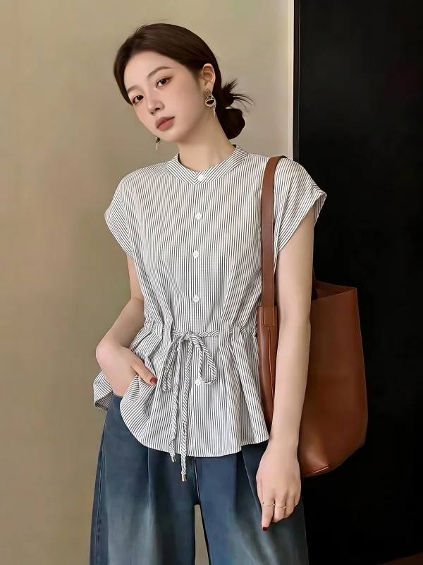 Premium Striped Short Sleeve Shirt Women's Drawstring Waist Slimming Top Summer New plus Size Korean Style Commute Wind
Premium Striped Short Sleeve Shirt Women's Drawstring Waist Slimming Top Summer New plus Size Korean Style Commute Wind