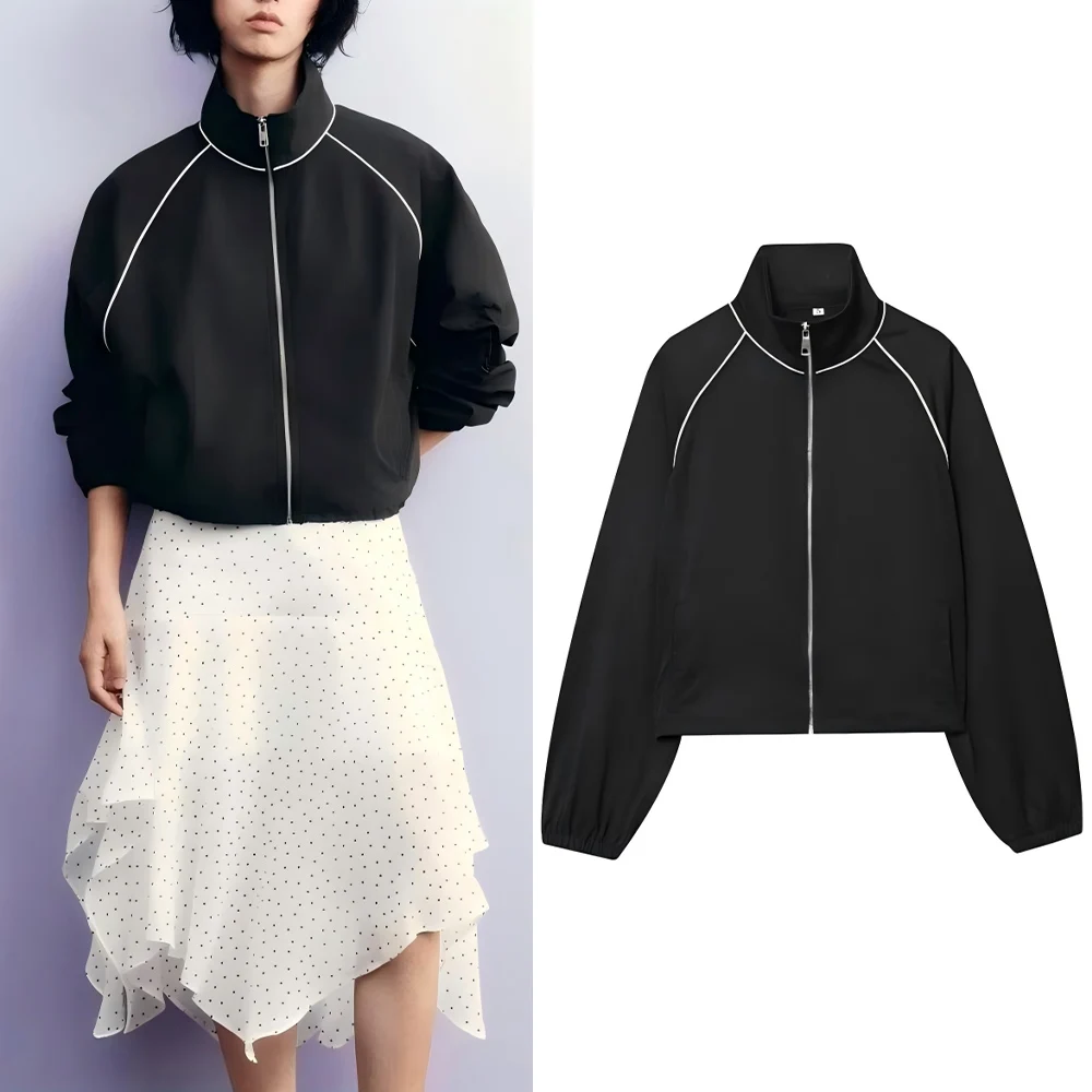 Women's new fashion with drawstring black casual stand collar nylon jacket Coat retro long sleeved zipper women's Coat chic top
Women's new fashion with drawstring black casual stand collar nylon jacket Coat retro long sleeved zipper women's Coat chic top
