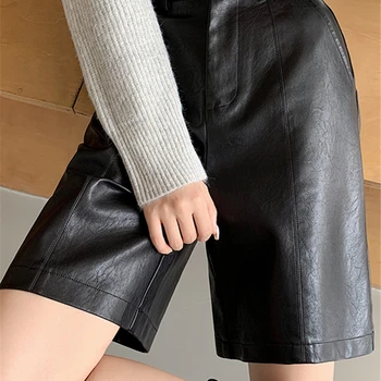 Seoulish 여성용 블랙 인조 PU 가죽 반바지, 워싱 하이 웨이스트 와이드 레그 루즈 팬츠, 여성 바지, 2023 가을 겨울 신상