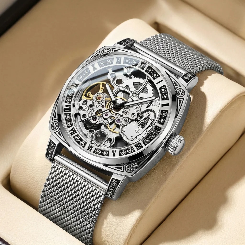 1pcs Men's silver dial alloy strap vintage fashion skeleton gear luxury details Mechanical Watch for daily business party holida
1pcs Men's silver dial alloy strap vintage fashion skeleton gear luxury details Mechanical Watch for daily business party holida