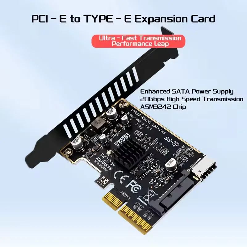 PCI-E X4 to USB 3.2 Expansion Card 20Gpbs Type E Express Card ASM3242 Chip Front Panel Adapter for Desktop PC Front Panel TYPE C
PCI-E X4 to USB 3.2 Expansion Card 20Gpbs Type E Express Card ASM3242 Chip Front Panel Adapter for Desktop PC Front Panel TYPE C