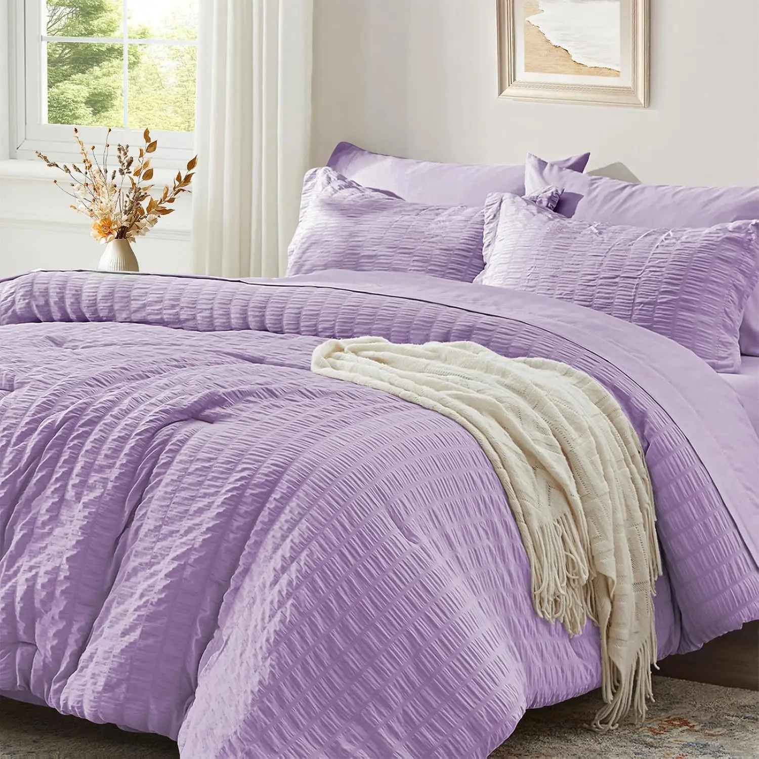 Omforter Set 7 Pieces, Light Purple Seersucker Bed In A Bag With Comforter, Pillow Shams, Pillowcases, Flat Sheet, Fitted
Omforter Set 7 Pieces, Light Purple Seersucker Bed In A Bag With Comforter, Pillow Shams, Pillowcases, Flat Sheet, Fitted