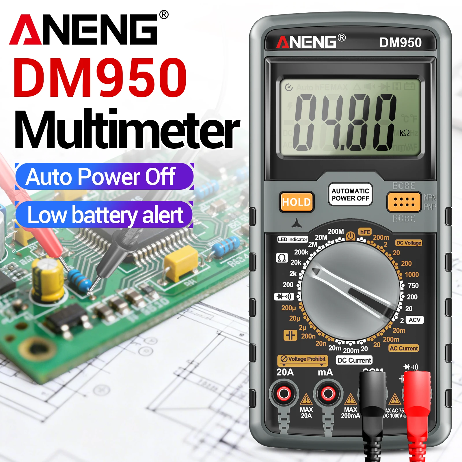Портативный мультиметр ANENG DM950 с функцией сохранения данных, звуковым сигналом, детектором диодов, профессиональный измерительный прибор для электриков.
Портативный мультиметр ANENG DM950 с функцией сохранения данных, звуковым сигналом, детектором диодов, профессиональный измерительный прибор для электриков.