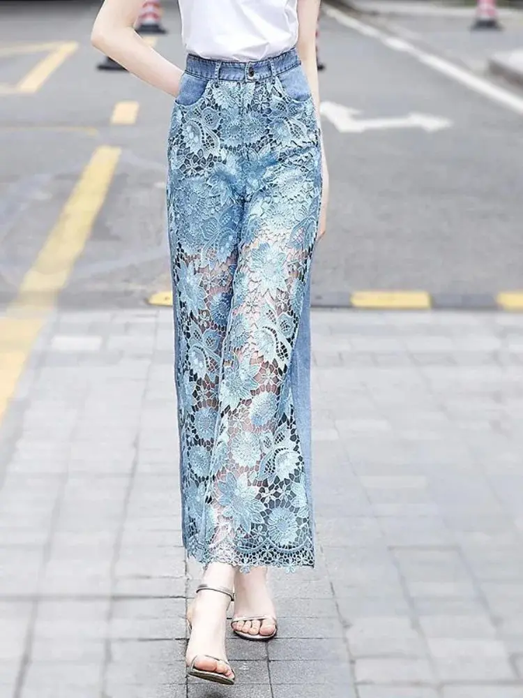 High Waist Lace Patchwork Hollow out Women's Jeans Elegant Fashionable Ladies' Denim Pants Autumn 2024 Collection
High Waist Lace Patchwork Hollow out Women's Jeans Elegant Fashionable Ladies' Denim Pants Autumn 2024 Collection