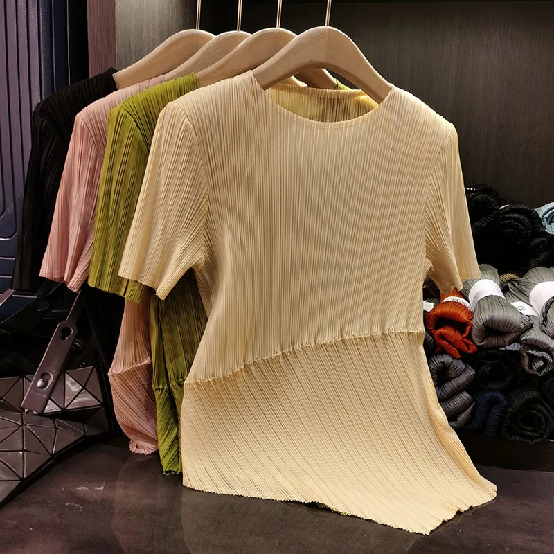 Miyake плиссированная футболка, новинка лета 2029, женские элегантные свободные топы нестандартной формы с круглым вырезом и короткими рукавами, женские плиссированные топы
Miyake плиссированная футболка, новинка лета 2029, женские элегантные свободные топы нестандартной формы с круглым вырезом и короткими рукавами, женские плиссированные топы