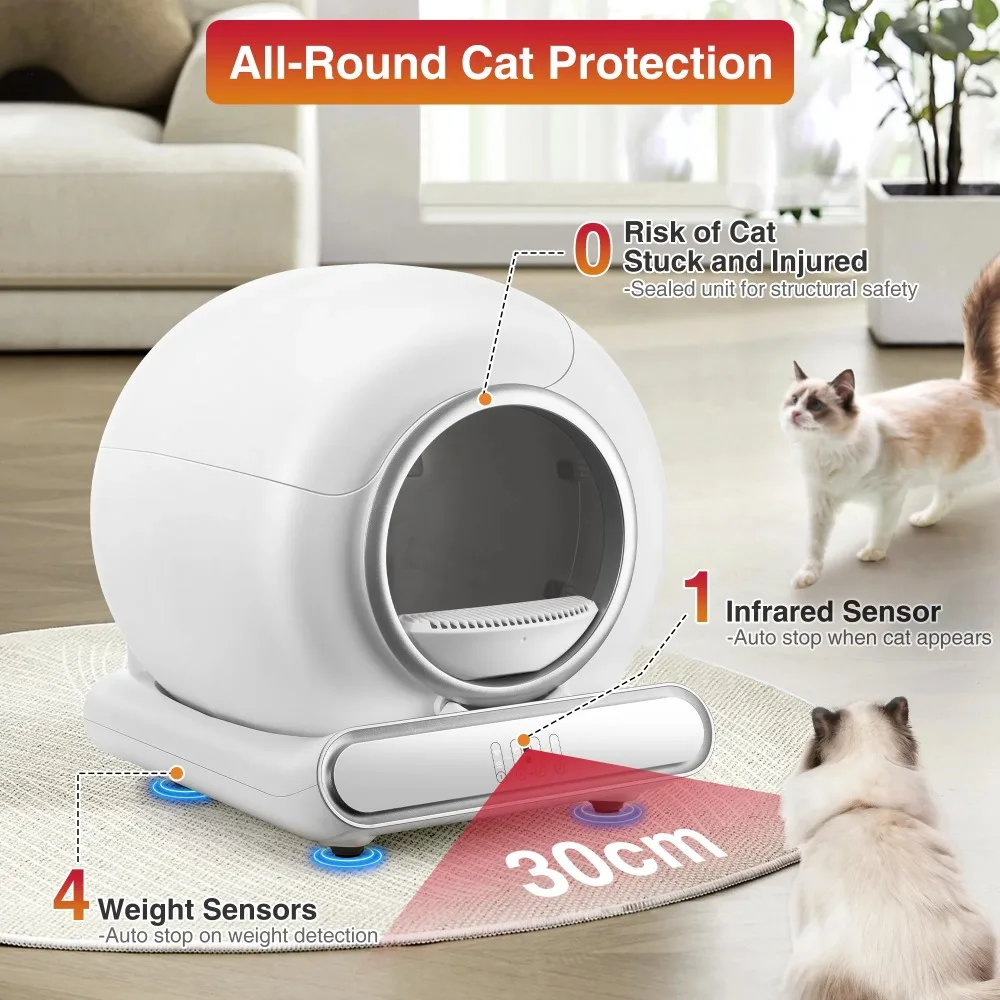 Automatic Box with APP Control, Odor Removal, 65L+9L Large Capacity, with 2 Liners & Baffle Plate, Self Cleaning Cat Litter Box
Automatic Box with APP Control, Odor Removal, 65L+9L Large Capacity, with 2 Liners & Baffle Plate, Self Cleaning Cat Litter Box