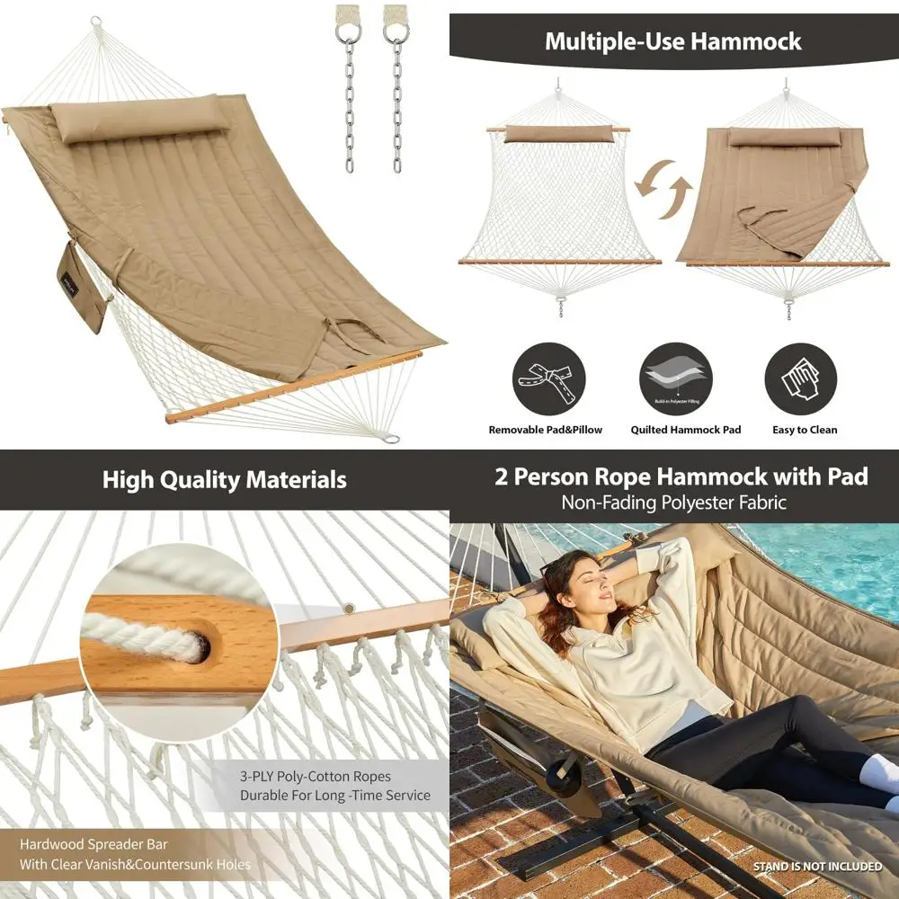 Двойной гамак для улицы с разбрасывателями из твердой древесины, большой веревочный гамак с полиэстеровой подушкой и подушкой, вместимость 475 фунтов на 2 шт.
Двойной гамак для улицы с разбрасывателями из твердой древесины, большой веревочный гамак с полиэстеровой подушкой и подушкой, вместимость 475 фунтов на 2 шт.