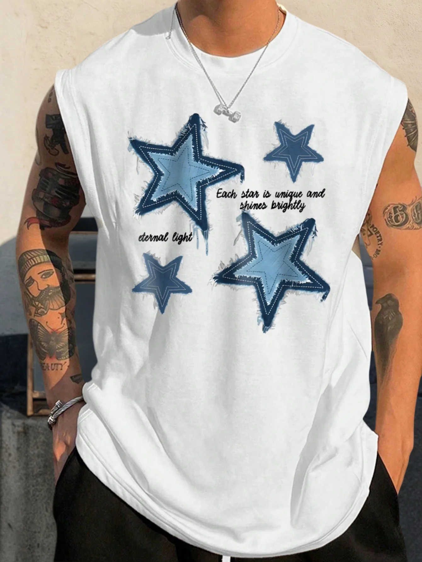 Men's White Sleeveless Tee with Distressed Star Print & Inspirational Text
Men's White Sleeveless Tee with Distressed Star Print & Inspirational Text
