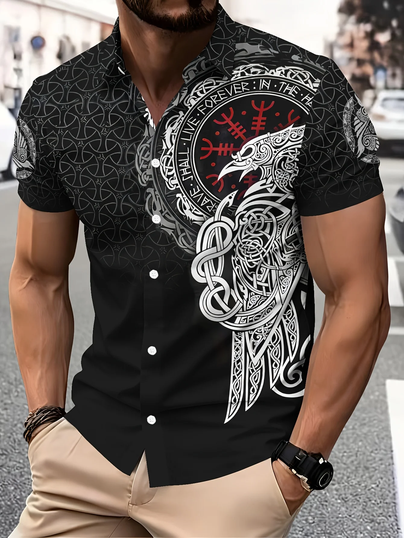 Men Black Viking Raven Rune Celtic Knot Print Gothic Street Short Sleeve Shirt
Men Black Viking Raven Rune Celtic Knot Print Gothic Street Short Sleeve Shirt