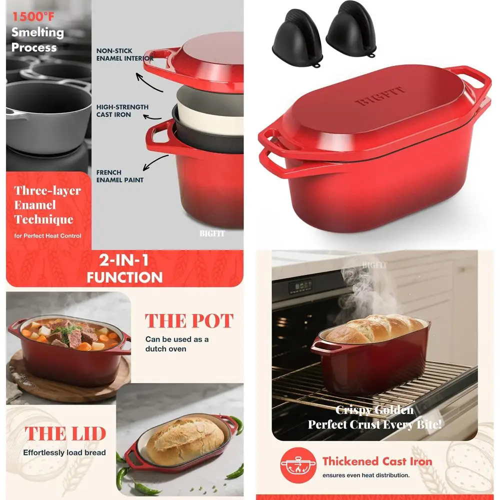 Enameled Cast Iron 3.4QT Bread Pan with Lid, Oval Shaped for Sourdough and Homemade Baking, Red
Enameled Cast Iron 3.4QT Bread Pan with Lid, Oval Shaped for Sourdough and Homemade Baking, Red