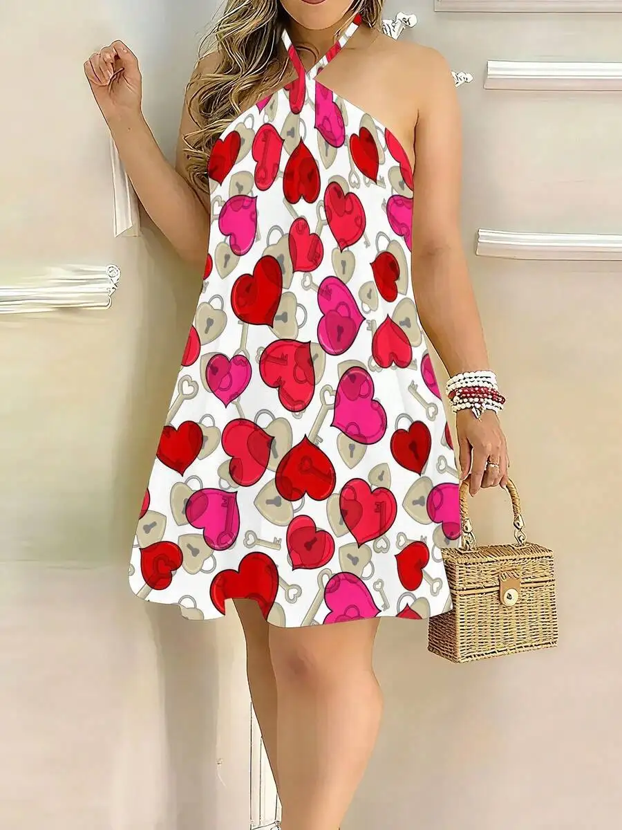 Women Halter Neck Backless Dress With Red Pink Hearts And Locks Print Casual Loose Knit Mini Dress
Women Halter Neck Backless Dress With Red Pink Hearts And Locks Print Casual Loose Knit Mini Dress