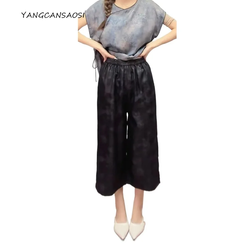 Women's Fashion Clothing 100% Natural Mulberry Silk Gambiered Guangdong Gauze Jacquard Black Elastic Waist Straight Leg Pants
Women's Fashion Clothing 100% Natural Mulberry Silk Gambiered Guangdong Gauze Jacquard Black Elastic Waist Straight Leg Pants