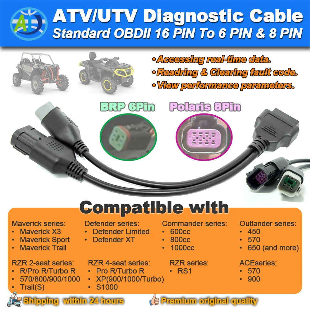 OBD Diagnostic Cable for BRP 6pin, Maverick/Outlander/Spyder, Polaris 8pin, RZR/ACE, Diagnostic Cable for CAN-AM ATV UTV
OBD Diagnostic Cable for BRP 6pin, Maverick/Outlander/Spyder, Polaris 8pin, RZR/ACE, Diagnostic Cable for CAN-AM ATV UTV