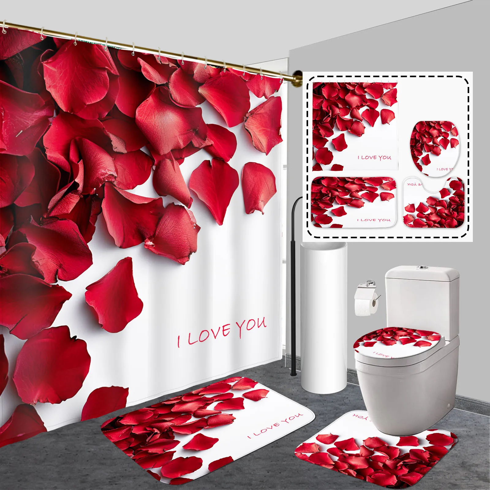 Nunoshin Valentine's Day Rose Shower Curtain Set 4-Piece, Waterproof Polyester with Non-Slip Rug, Toilet Cover and Hook
Nunoshin Valentine's Day Rose Shower Curtain Set 4-Piece, Waterproof Polyester with Non-Slip Rug, Toilet Cover and Hook