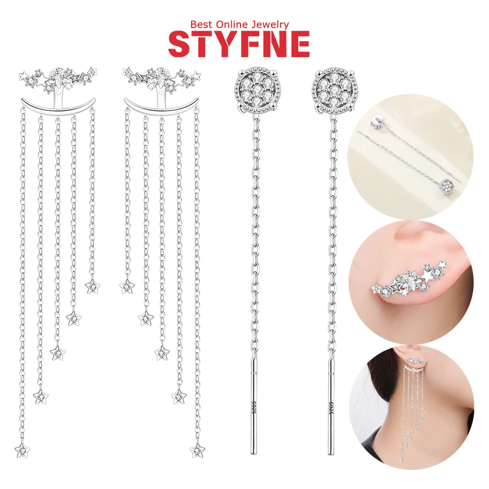 Women Earrings 925 Silver Shiny Zircon Moon Stars Fringed One Style Two Wear Stud Earrings for Birthday Party Jewelry Fine Gift
Women Earrings 925 Silver Shiny Zircon Moon Stars Fringed One Style Two Wear Stud Earrings for Birthday Party Jewelry Fine Gift