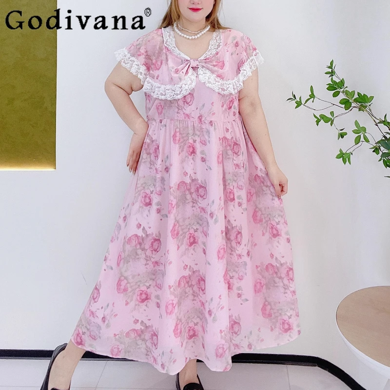 2XL-6XL Sweet Lace High Waist Bow Peter Pan Collar Floral Long Dress Large Size Short Sleeve Simple Atmospheric Elegant Dresses
2XL-6XL Sweet Lace High Waist Bow Peter Pan Collar Floral Long Dress Large Size Short Sleeve Simple Atmospheric Elegant Dresses