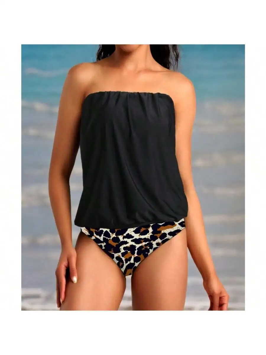 Women 2 Piece Bandeau Tankini With Loose Blouson Top And Leopard Print Bottom
Women 2 Piece Bandeau Tankini With Loose Blouson Top And Leopard Print Bottom