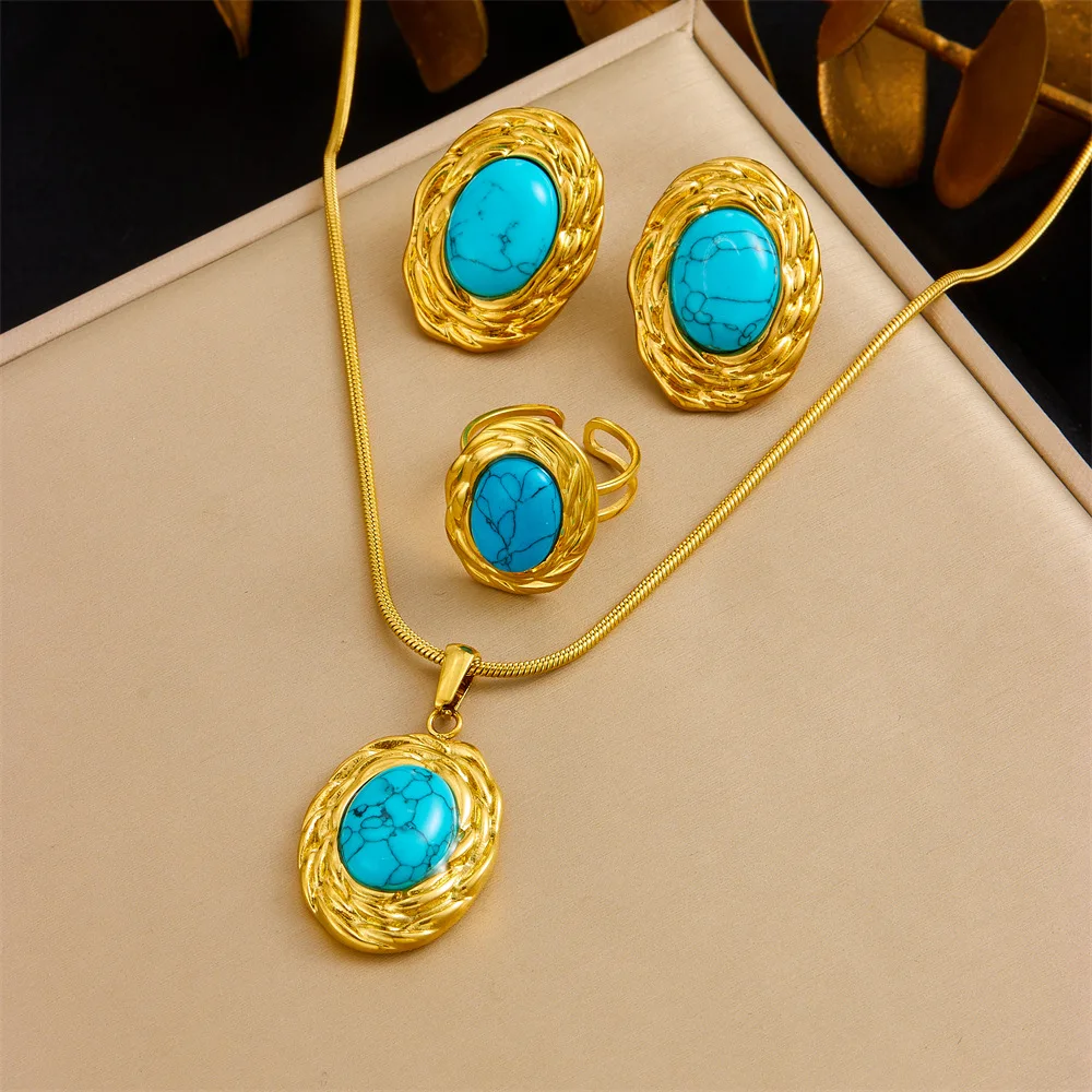3Pcs Stainless Steel Oval Turquoise Necklace Bracelet Earrings for Women Vintage Blue Stone Jewelry Set High Quality Party Gift
3Pcs Stainless Steel Oval Turquoise Necklace Bracelet Earrings for Women Vintage Blue Stone Jewelry Set High Quality Party Gift