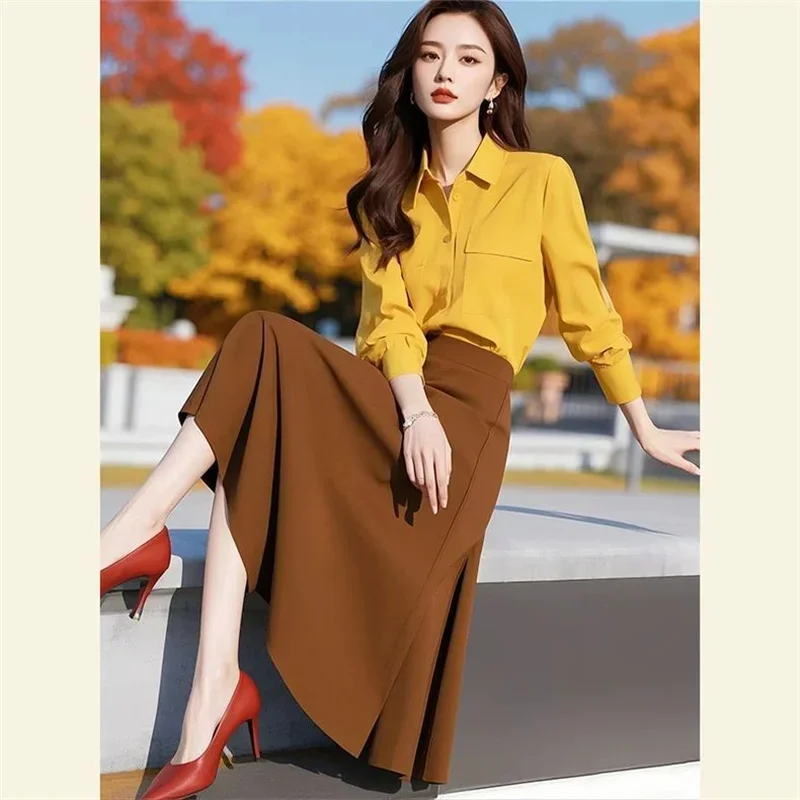 New Elegant Spring 2 piece sets woman outfit Korean Fashion Lapel Long Sleeve Chiffon Shirt Top + A-line Midi Skirt Women's Suit
New Elegant Spring 2 piece sets woman outfit Korean Fashion Lapel Long Sleeve Chiffon Shirt Top + A-line Midi Skirt Women's Suit
