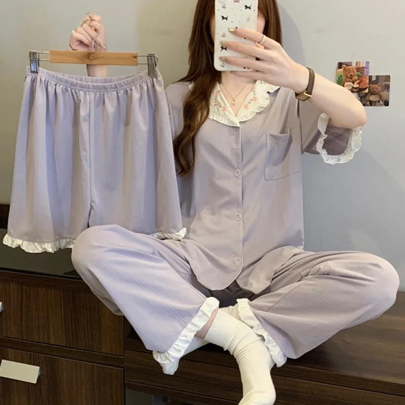 Premium Sense of Simplicity and Light Luxury Pajamas Small Fresh Women Summer Short-Sleeved Three-Piece Suit Homewear Suit
Premium Sense of Simplicity and Light Luxury Pajamas Small Fresh Women Summer Short-Sleeved Three-Piece Suit Homewear Suit