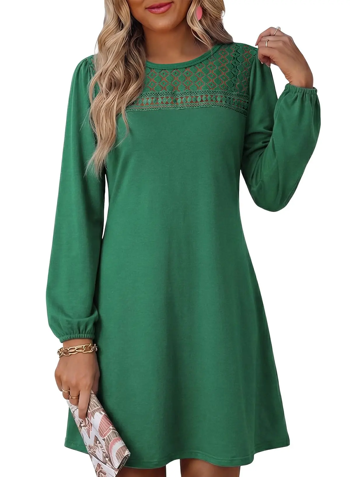 Women Green Lace Neck Long Sleeve A-Line Shift Dress Flowy Swing Mini
Women Green Lace Neck Long Sleeve A-Line Shift Dress Flowy Swing Mini