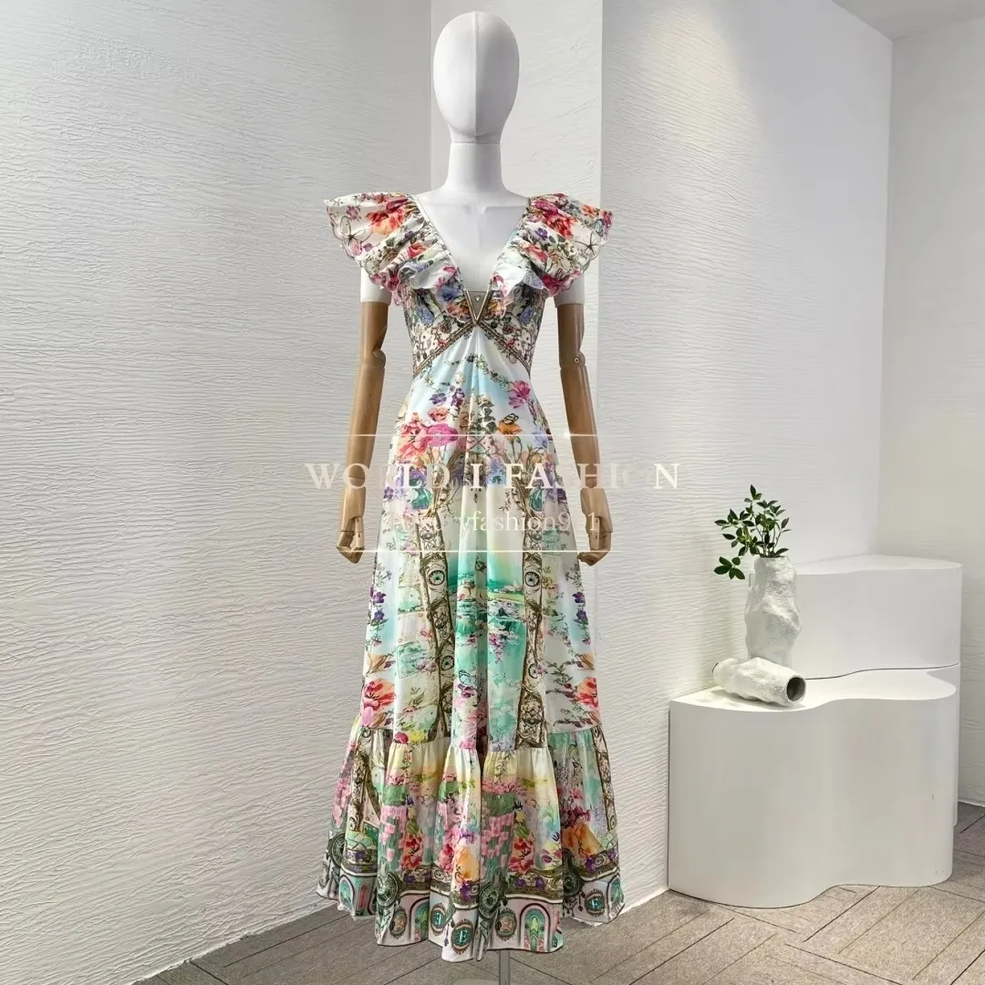 High Quality Photo Color Floral Print Sleeveless Pleat Deep V Neck Diamonds Midi Dress
High Quality Photo Color Floral Print Sleeveless Pleat Deep V Neck Diamonds Midi Dress