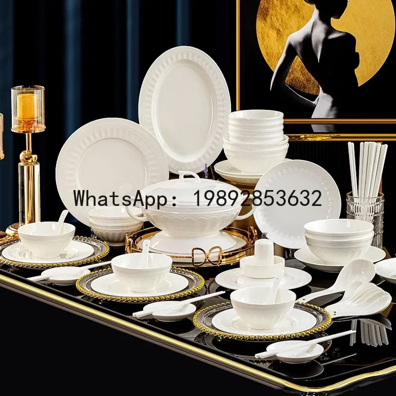 L20- underglaze pure white bone china dinnerware set - premium embossed bowls and plates for home use
L20- underglaze pure white bone china dinnerware set - premium embossed bowls and plates for home use