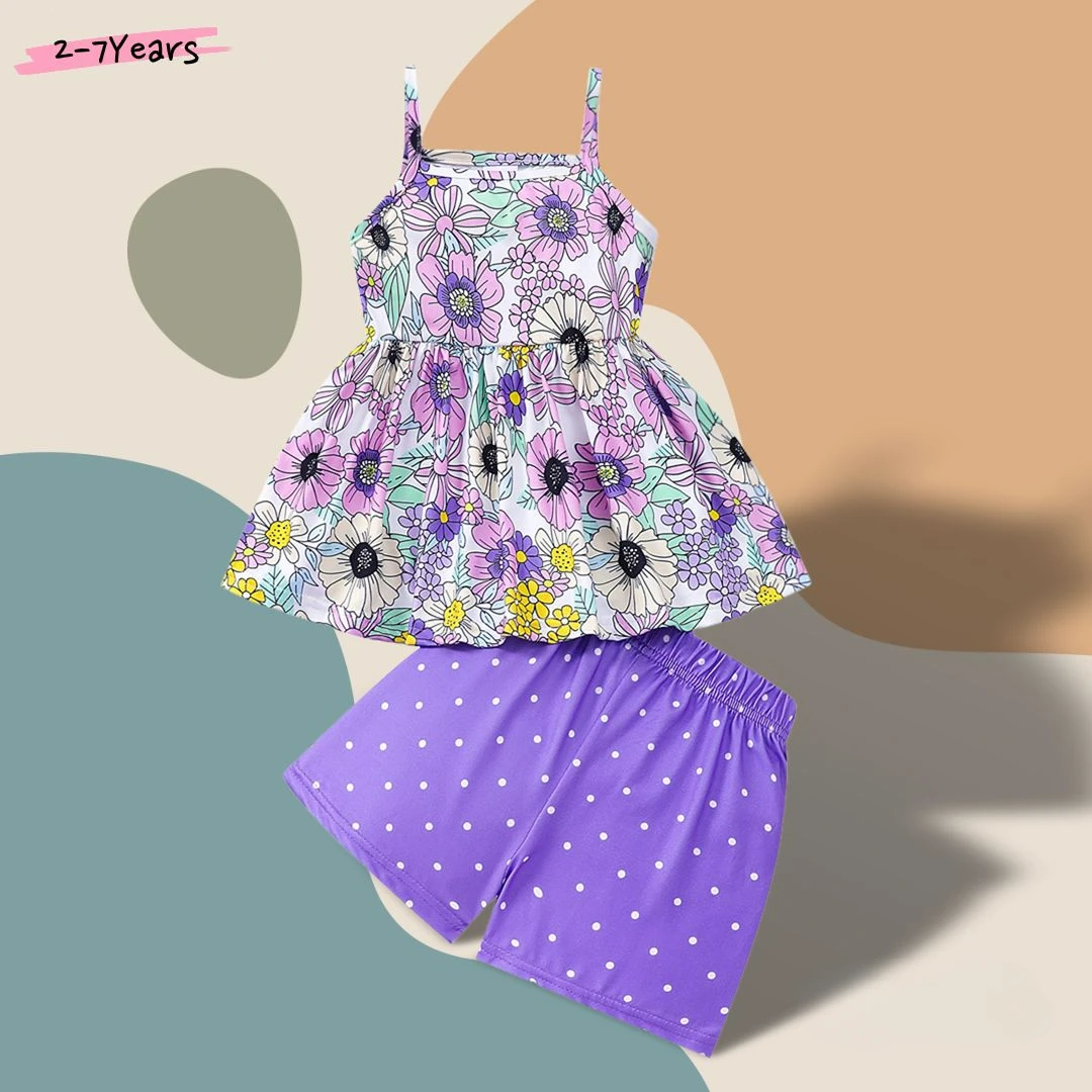 Girls Clothing Set for Kids Summer 2 Pcs Sleeveless Sling Tops and Short Pants Purple Flower Soft Ventilate Children Outfits 
Girls Clothing Set for Kids Summer 2 Pcs Sleeveless Sling Tops and Short Pants Purple Flower Soft Ventilate Children Outfits