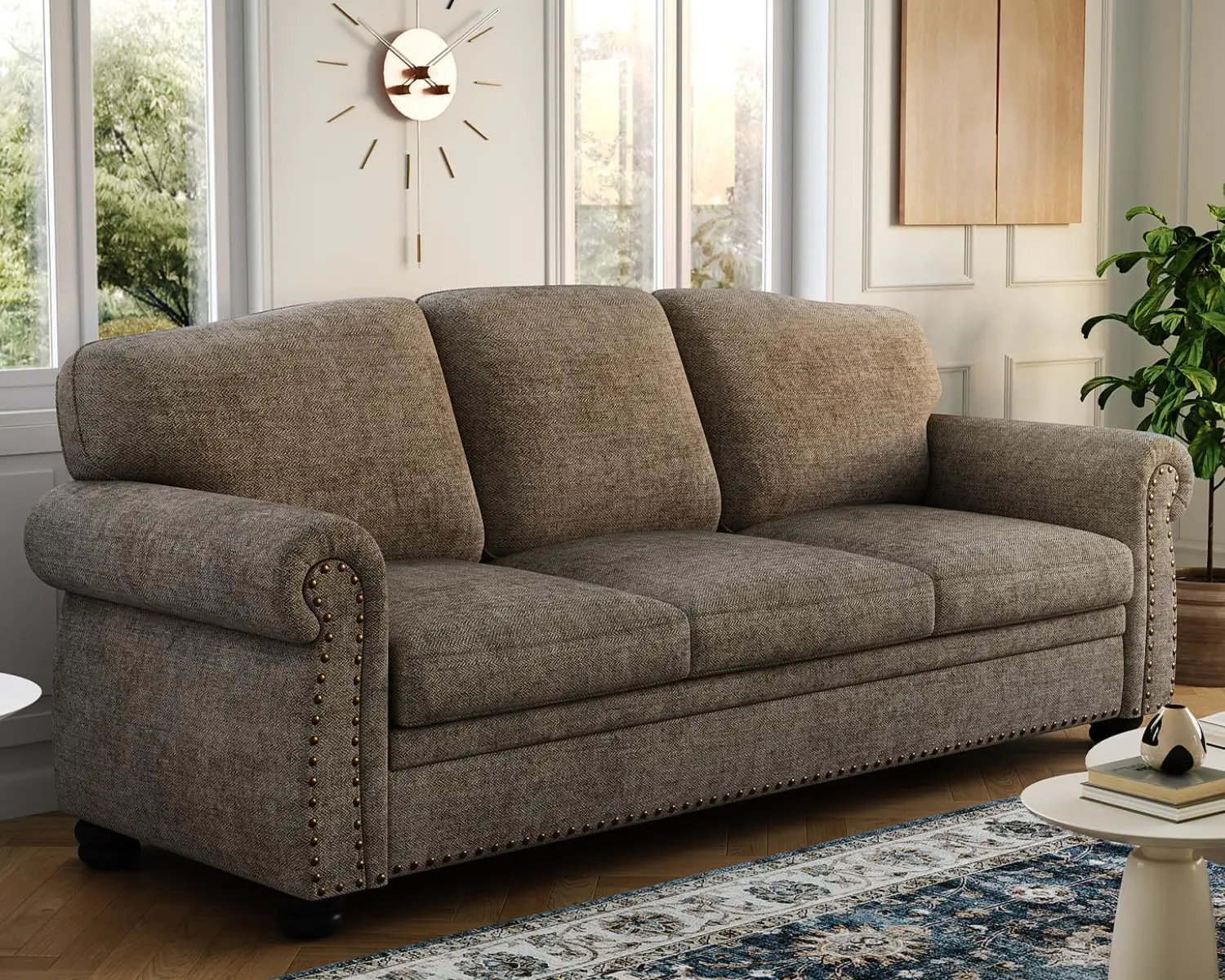 90 Inch Nailhead Trim Couches for Living Room, 23" Deep Seat Rolled Arm Sofa, Upholstered 3 Seater Sofa, Chenille Couch w/Turned
90 Inch Nailhead Trim Couches for Living Room, 23" Deep Seat Rolled Arm Sofa, Upholstered 3 Seater Sofa, Chenille Couch w/Turned
