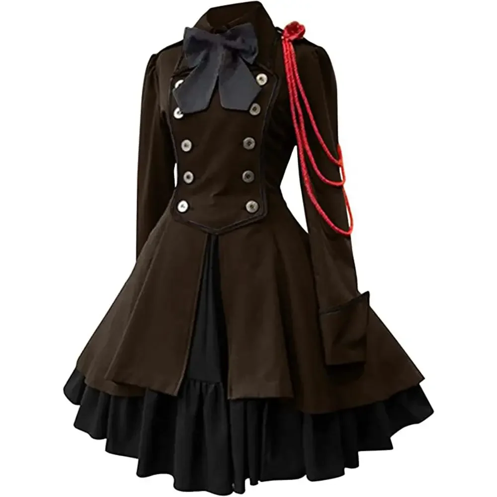 2025 Medieval Gothic dress with bow, ruffled edges, steampunk game style
2025 Medieval Gothic dress with bow, ruffled edges, steampunk game style