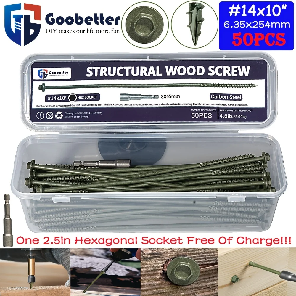 50pcs Green Structural Wood Screw #14 X 10" Kit, Heavy Duty Construction Screw, Washer Head Wood Screws, Carbon Steel Material, Exterior Green Coated, Rust Resistant, Included 1pc 2.5In Hex Socket, Ideal for Outdoor, Home And Industrial
50pcs Green Structural Wood Screw #14 X 10" Kit, Heavy Duty Construction Screw, Washer Head Wood Screws, Carbon Steel Material, Exterior Green Coated, Rust Resistant, Included 1pc 2.5In Hex Socket, Ideal for Outdoor, Home And Industrial