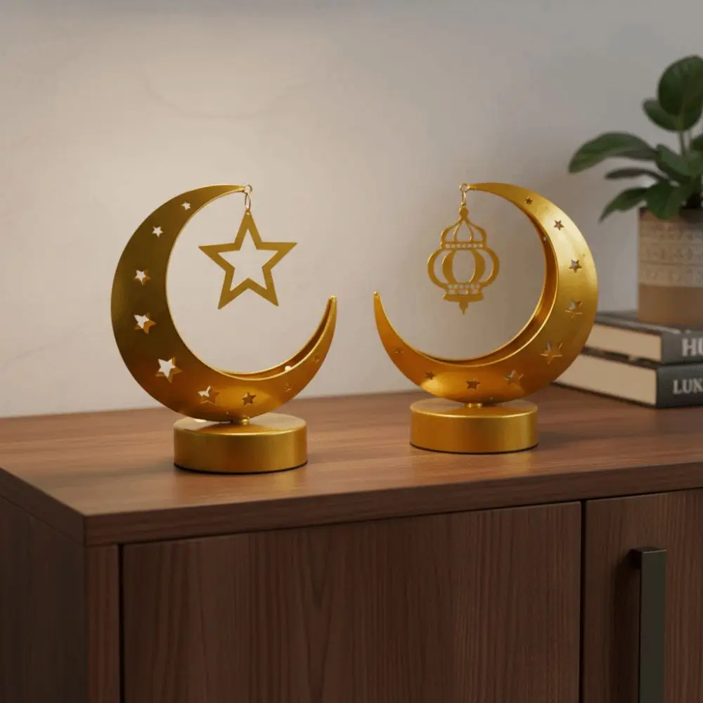 Metal Art Design Ramadan Desk Lamp Crescent Star Shape Golden Moon Design Eid Mubarak Lamp Wrought Iron Hollow Soft Light
Metal Art Design Ramadan Desk Lamp Crescent Star Shape Golden Moon Design Eid Mubarak Lamp Wrought Iron Hollow Soft Light