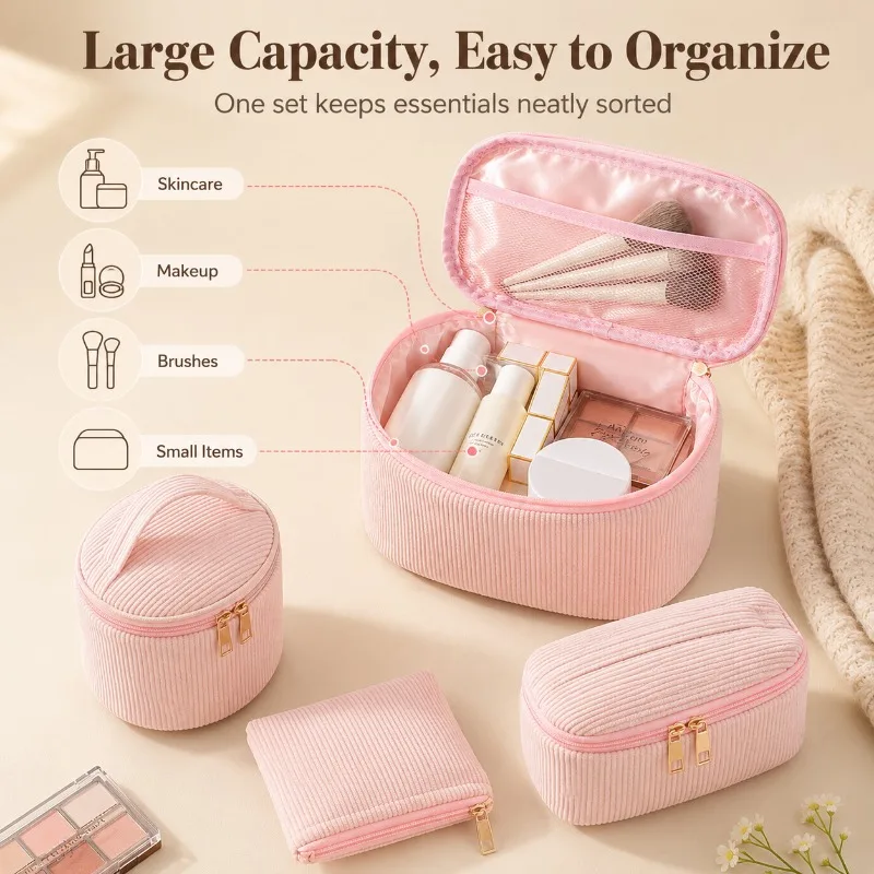 4Pcs Corduroy Cosmetic Bag Set Large Capacity Travel Makeup Organizer Pouch for Skincare Toiletries Brushes and Daily Storage
4Pcs Corduroy Cosmetic Bag Set Large Capacity Travel Makeup Organizer Pouch for Skincare Toiletries Brushes and Daily Storage