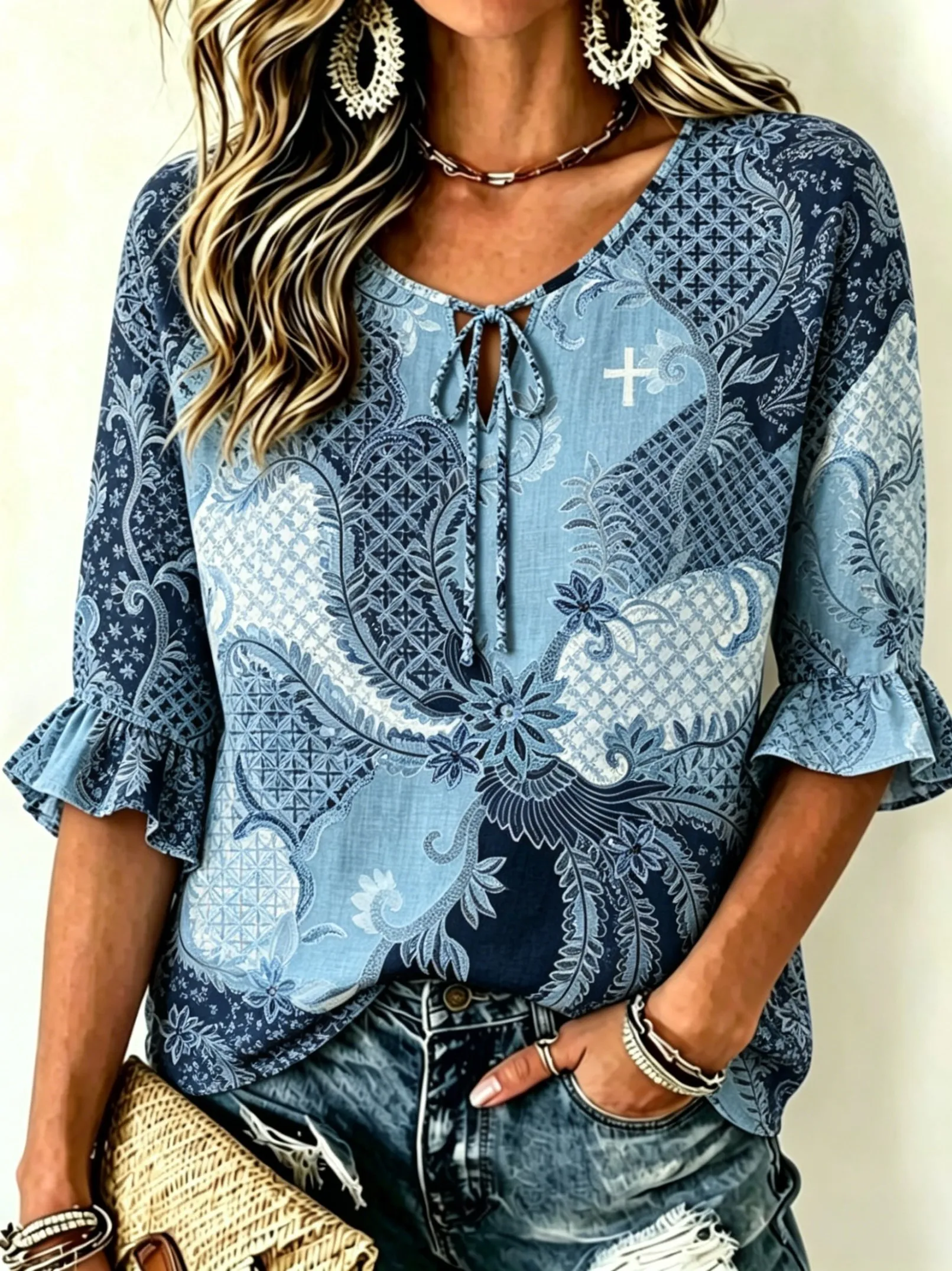 Women's Blue Paisley Patchwork Print Tie Front Blouse, Casual Loose Top for Spring Summer Daily Wear
Women's Blue Paisley Patchwork Print Tie Front Blouse, Casual Loose Top for Spring Summer Daily Wear