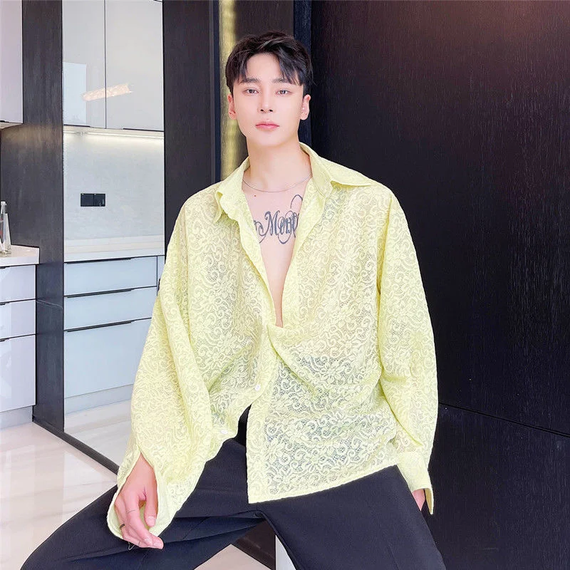 Vintage Men's Jacquard Lace Long Sleeve Shirt Loose See Through Oversized Yellow Blouse Lapel Single Breasted Tops 2A0741 
Vintage Men's Jacquard Lace Long Sleeve Shirt Loose See Through Oversized Yellow Blouse Lapel Single Breasted Tops 2A0741
