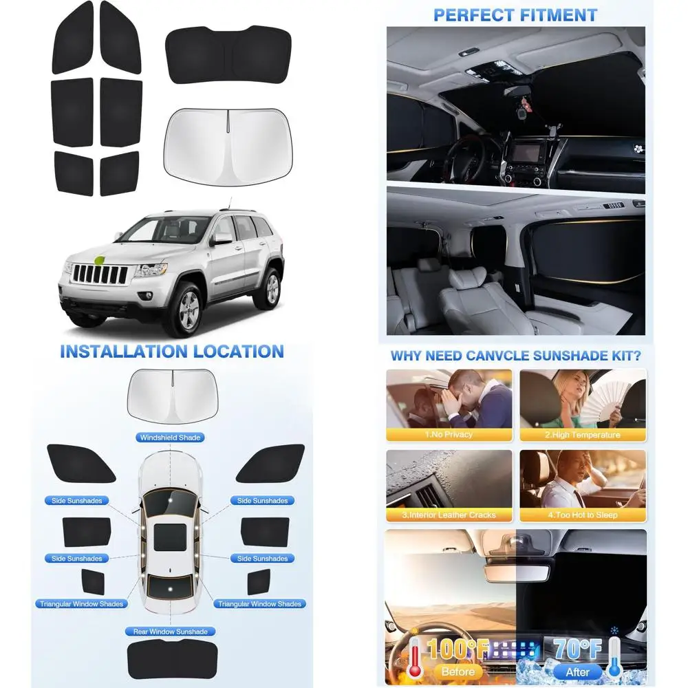 Black Privacy Sunshade for 2011-2021 Grand Cherokee, 8-Piece Set for Side and Rear Windows, Cooling and Protection
Black Privacy Sunshade for 2011-2021 Grand Cherokee, 8-Piece Set for Side and Rear Windows, Cooling and Protection