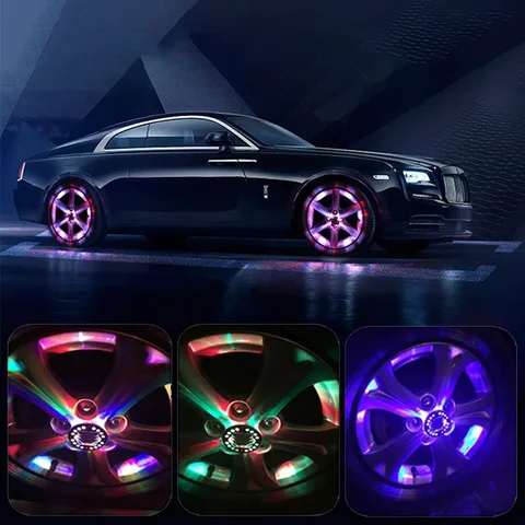 4Pcs LED Car Wheel Lights RGB Car Ambient Light Remote Control Flash Wheel Hub Lamp Solar Charging Neon Car Accessories