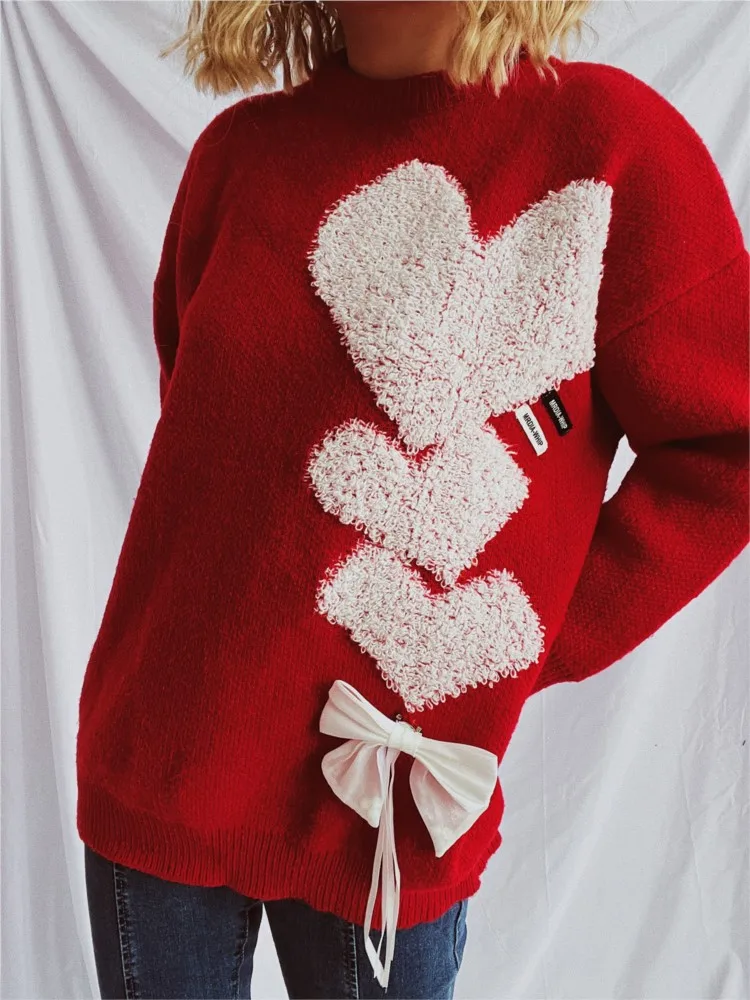 Women's Love Jacquard Loose Cute Style Bow Knitted Sweater Pullover All-match Contrast Comfortable Woman Pulls Femmes Trendy
Women's Love Jacquard Loose Cute Style Bow Knitted Sweater Pullover All-match Contrast Comfortable Woman Pulls Femmes Trendy