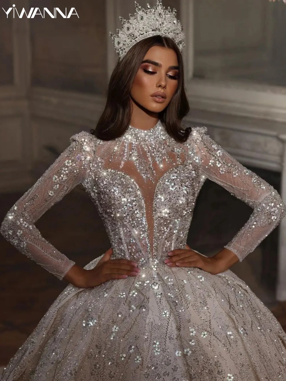Modest High Collar ong Sleeve Bridal Dress Glitter Sequins Beads Wedding Gown 2024 Luxury Bride Robe Customized Vestido De Novia
Modest High Collar ong Sleeve Bridal Dress Glitter Sequins Beads Wedding Gown 2024 Luxury Bride Robe Customized Vestido De Novia