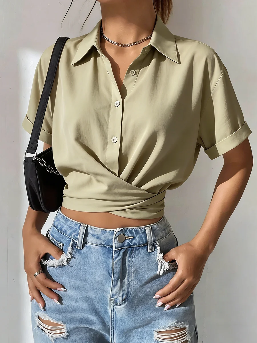 Women's Blouse Collared SS Wrap Hem Solid Color Smooth Loose Fit Tops Casual Blouse Spring Summer Chic Blouse Daily Light Tops
Women's Blouse Collared SS Wrap Hem Solid Color Smooth Loose Fit Tops Casual Blouse Spring Summer Chic Blouse Daily Light Tops