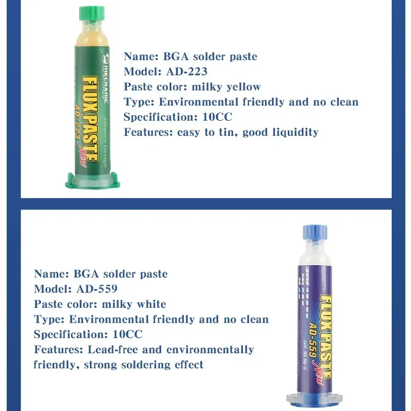 10CC Mechanic AD-223/AD-559 Solder Flux Lead-free No Cleaning Flux Paste Syringe Liquid Flux Halogen PCB Repair Soldering Tool
10CC Mechanic AD-223/AD-559 Solder Flux Lead-free No Cleaning Flux Paste Syringe Liquid Flux Halogen PCB Repair Soldering Tool