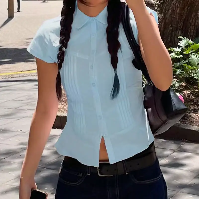 Sweet Blue Short Sleeve Shirts For Women Button Up Turn Down Collar Slim Simple Casual Preppy Tops Basic Summer Blouses Blusas
Sweet Blue Short Sleeve Shirts For Women Button Up Turn Down Collar Slim Simple Casual Preppy Tops Basic Summer Blouses Blusas