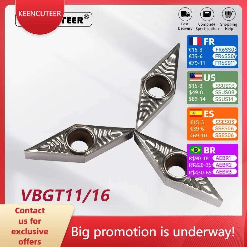 VBGT110302 VBGT110304 VBGT160402 VBGT160404 VBGT160408 Aluminum Carbide Insert for SVJBR Lathe Parts CNC External Turning Tool
VBGT110302 VBGT110304 VBGT160402 VBGT160404 VBGT160408 Aluminum Carbide Insert for SVJBR Lathe Parts CNC External Turning Tool